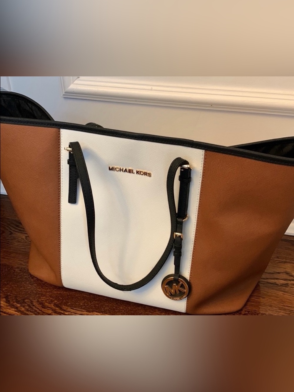 Michael Kors Brown, White & Black Leather Tote with MK Charm